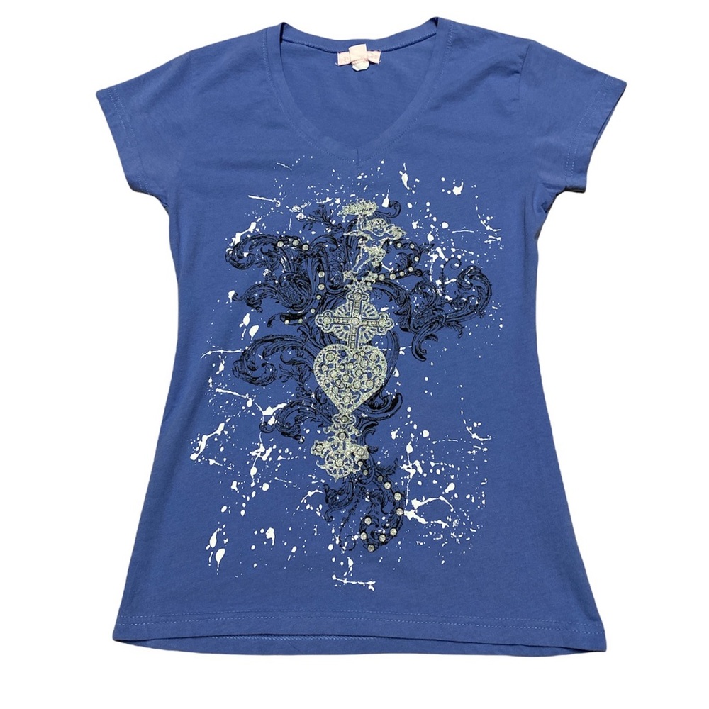 Pink Line V Neck T Shirt Blue with Silver Size Junior M
